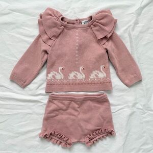 Janie & Jack Girls Dusty Pink Swan Sweater & Bummie Set | Toddler Size 18-24m